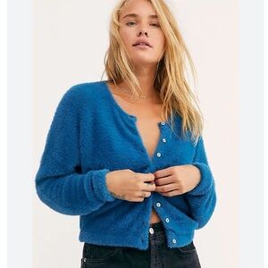Free People One Allegra Cardi Teal Blue Size XS Oversized Slouchy Soft Fuzzy